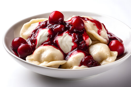 Delicious Homemade Varenyky Dumplings with Cherry Sauce and Cream on a White Plate