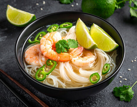 Glass noodles in broth, spicy pepper, cilantro and shrimps. AI