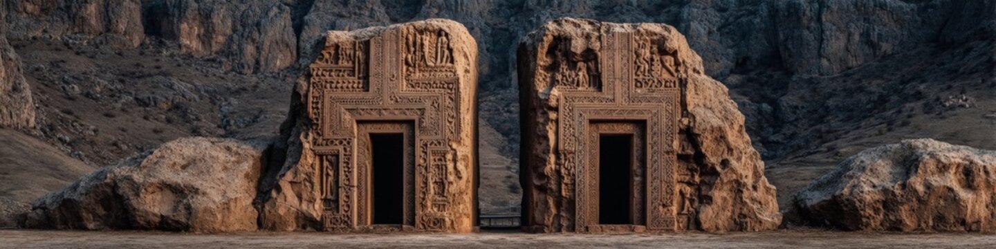 Two ancient khachkars stand tall in a rugged landscape, their intricate carvings and solemn presence symbolizing faith and cultural endurance under a dramatic sky.