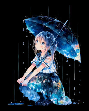 びしょ濡れの女の子、かわいい、イラスト、水彩画、ゲリラ豪雨、