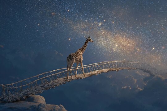dreamlike giraffe crossing bridge of stars