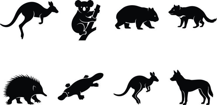 Australian animal silhouette collection featuring kangaroo, koala, wombat, Tasmanian devil, echidna, platypus, and dingo for wildlife design projects