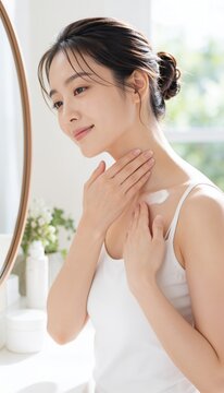 明るい洗面所の鏡を見ながらコットンで首元をケアする若いアジア人女性