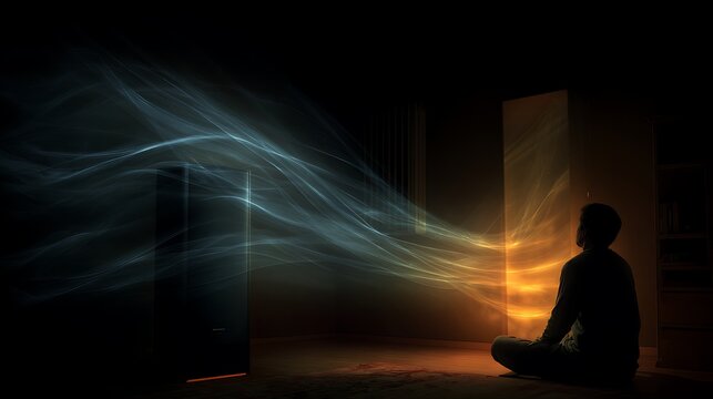 Silhouette of person sitting on floor against bright window with sunlight beams