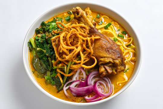 Khao Soi Dish with Chicken, Vegetables, and Crispy Noodles in Full Plate View