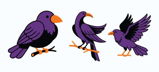 Naklejka premium Halloween bundle purple raven vector illustrations for spooky season designs