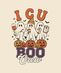 Fototapeta premium Cute ICU Boo Crew ghosts with medical gear and pumpkins for Halloween t-shirt design illustration