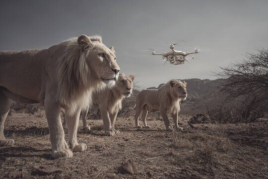 futuristic drone observing endangered lions