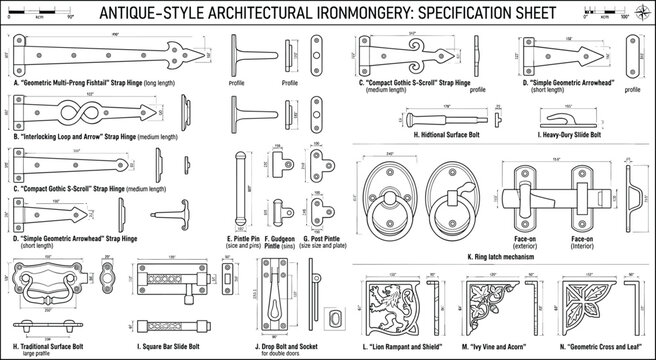 Antique-style architectural ironmongery specification sheet blueprint