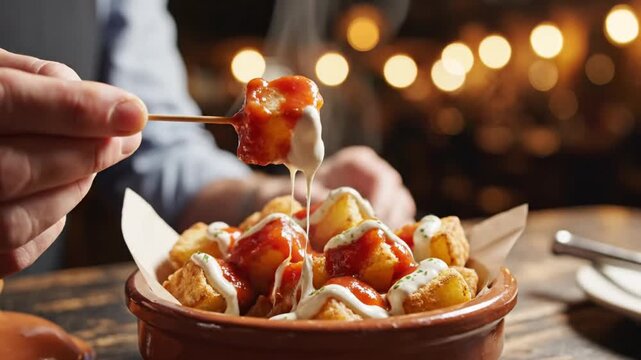 Person eating spicy patatas bravas potatoes with garlic sauce in a tapas bar