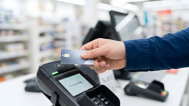 Customer Making Contactless Credit Card Payment at POS Terminal in Retail Store
