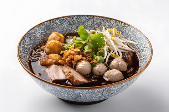 Delicious bowl of Kuay Tiew Reua with meatballs and toppings beautifully presented in traditional bowl
