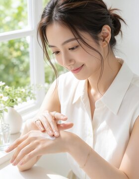 明るい窓辺でハンドクリームを手の甲に塗る若い女性の保湿ケア