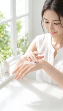 明るい窓辺でハンドクリームを手の甲に塗る若い女性の保湿ケア