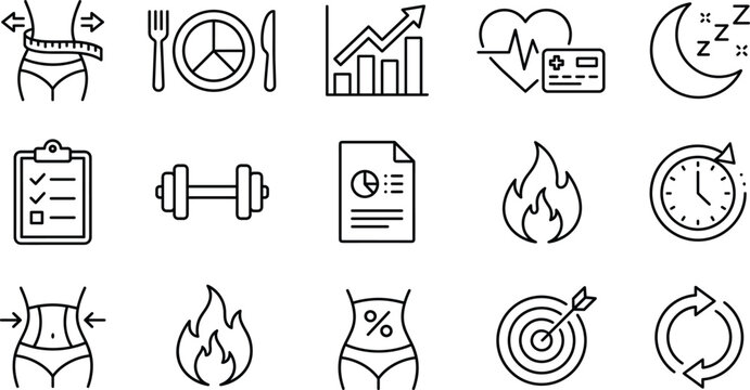 Weight loss tracking and fitness analytics line icon set with calorie burn diet and metabolism symbols