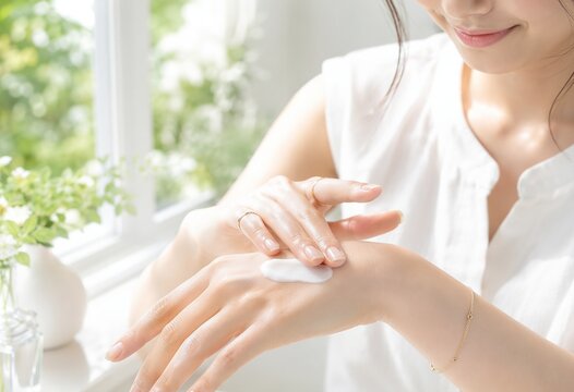 明るい窓辺でハンドクリームを手の甲に塗る若い女性の保湿ケア