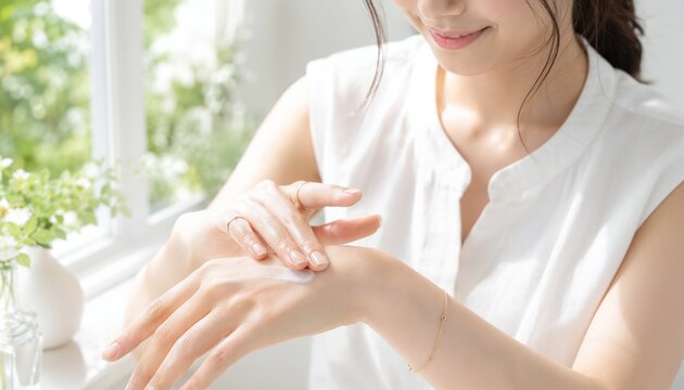 明るい窓辺でハンドクリームを手の甲に塗る若い女性の保湿ケア