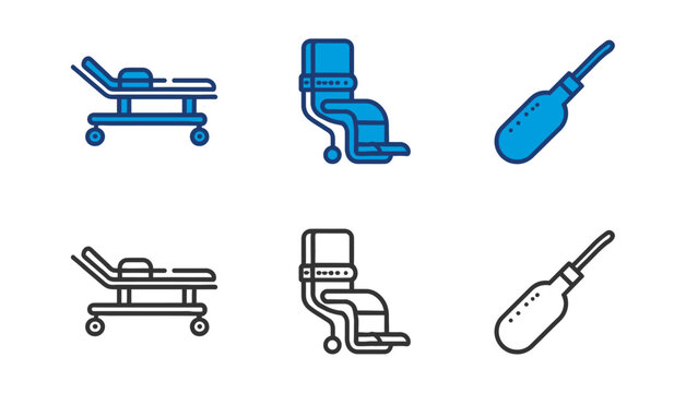 Medical equipment icon set hospital beds wheelchairs and diagnostic tools in line art style
