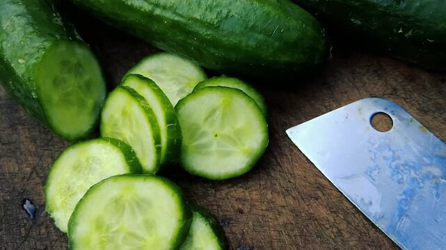 Sliced fresh green cucumber slices on wooden cutting board with sharp cleaver knife