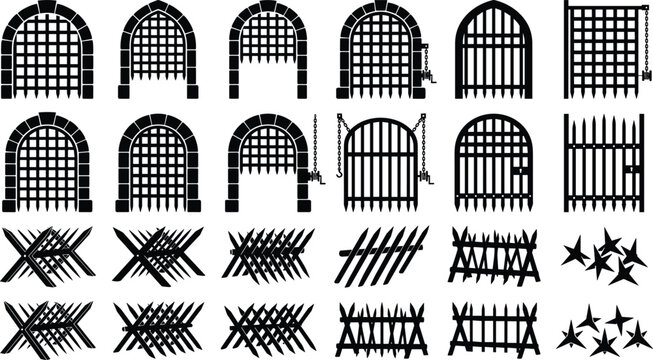 Black and white medieval castle portcullises, gates, and defensive barricades vector collection