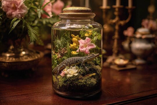 glass terrarium with rare animals inside