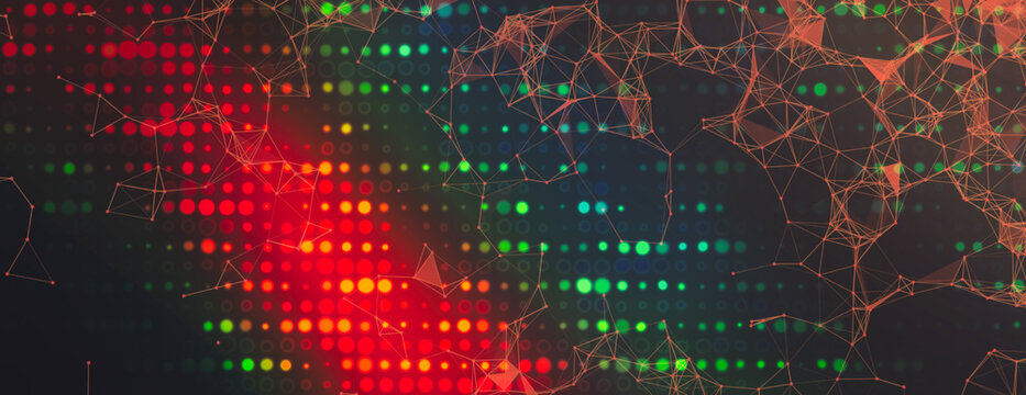 Abstract Digital Network Background with Colorful Data Dots and Polygonal Connections