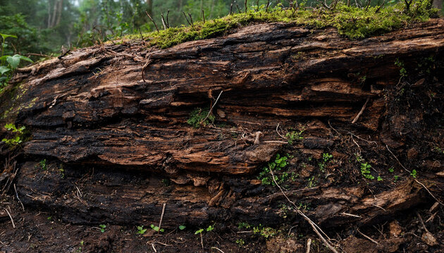 Close up of a decaying fallen tree log covered in green moss and dark brown textured bark in a damp forest floor environment setting