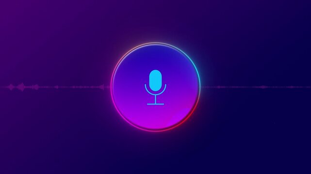 Audio command interface visual bright microphone , purple circular button, and thin waveform line across dark blue space. Perfect for voice control videos, sound apps, podcasts, and motion overlays.