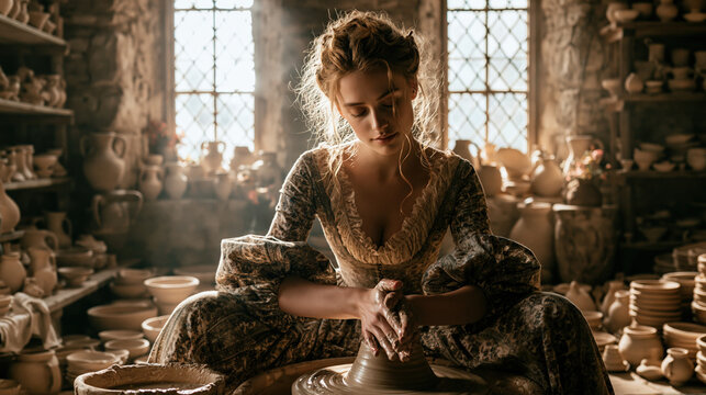 Europe medieval lifestyle. A vivid portrayal of a woman in a rustic pottery workshop. She sits on a wooden platform, meticulously shaping a clay pot with her hands. The woman wears a detailed.