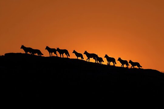 pack of wolves silhouetted at sunset