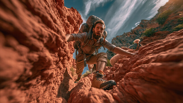 Outdoor adventure explore. A vivid, actionpacked photograph captures a man hiking through rugged terrain. He wears a backpack, a lightcolored shirt, and khaki pants, and rugged hiking boots.