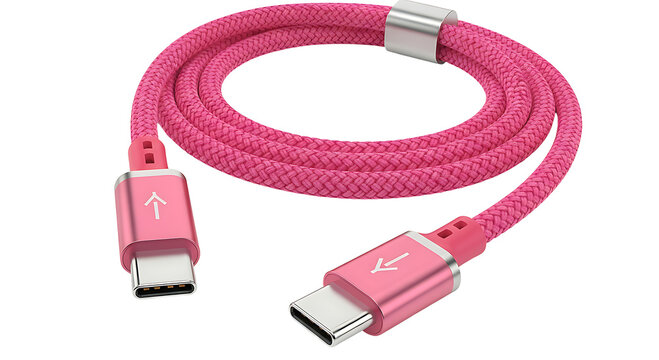 Pink usb type c charging cable coiled on a plain surface isolated on transparent background