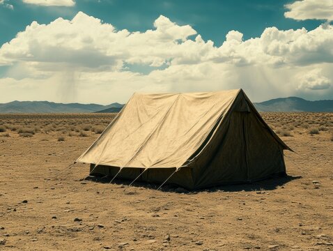 A large beige canvas military-style tent is pitched on a flat, dry dirt field under a bright blue sky with fluffy white clouds.