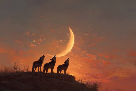 red wolves howling under a crescent moon