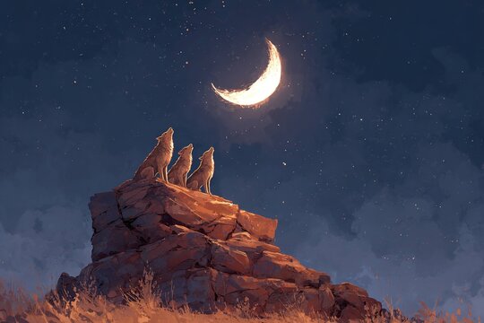 red wolves howling under a crescent moon