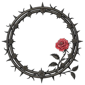 Circular crown of thorns frame with a single red rose