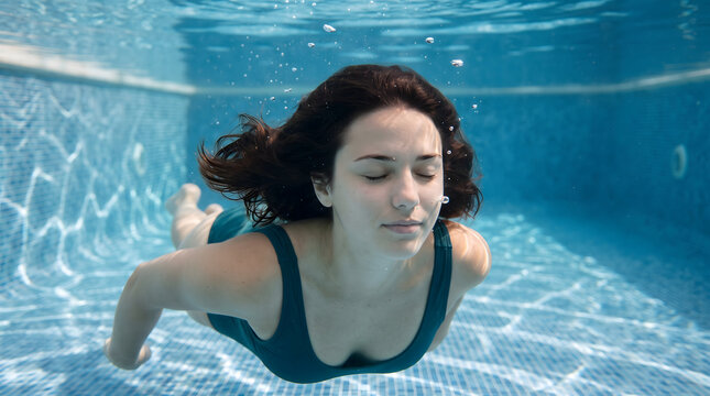 Young woman swimming underwater in pool