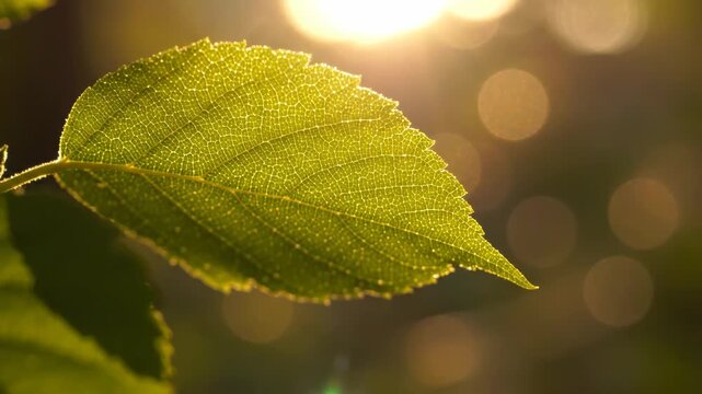 Closeup of a vibrant green leaf backlit by the warm golden sun with beautiful bokeh light circles in the background