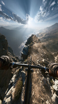Outdoor adventure explore. A highresolution photograph captures a breathtaking mountain landscape. The main subject is a mountain bikers hands gripping the handlebars of a rugged, rocky terrain.