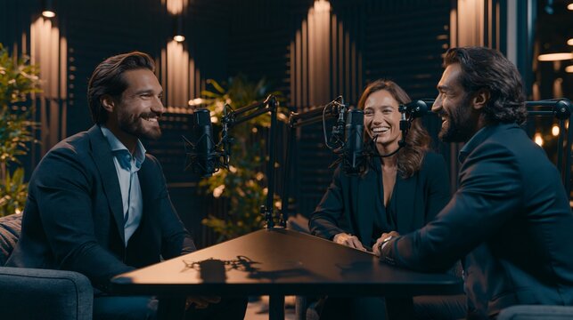 Co-hosts recording an engaging group interview in a modern broadcasting studio