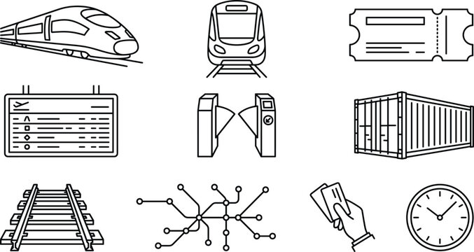 Train transit and railway logistics thin line icon set featuring subway, bullet train, ticket, and cargo elements
