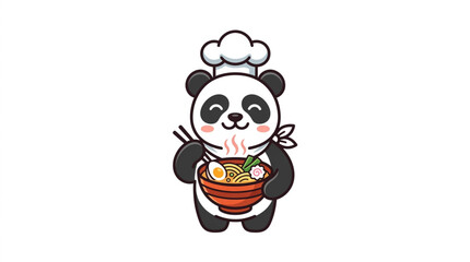 Cute cartoon panda chef holding a bowl of steaming ramen noodles. © Frengky