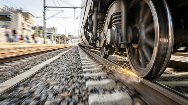 High Speed Train Wheels Moving Fast on Railway Tracks Low Angle View
