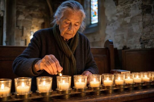Votive candles glowing in a quiet sanctuary &mdash; atmospheric wide crop showing multiple flickering flames in low light, ideal for searches on contemplation, meditation, and sacred atmosphere in church 