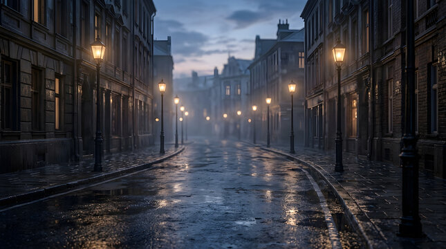 Misty cobblestone street at dusk with vintage street lamps