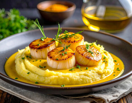 Mashed potatoes with scallops, and saffron gravy, fine dining. AI