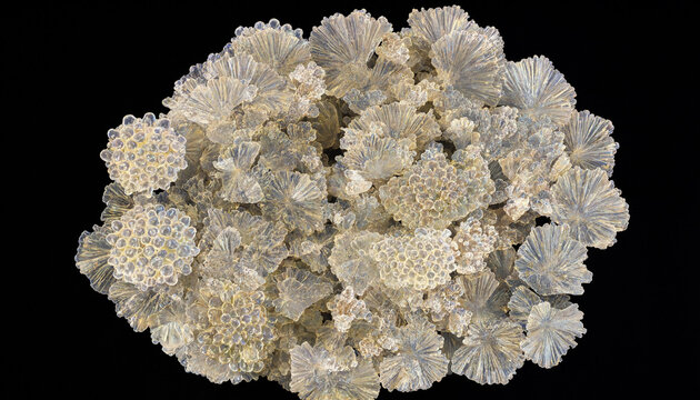 Close up of a cluster of translucent white barite crystals with a fan-like flower shape isolated on a solid black background, for mineral study