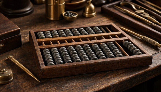 Antique wooden abacus with dark beads resting on a rustic wooden table alongside brass drafting tools and vintage measurement instruments