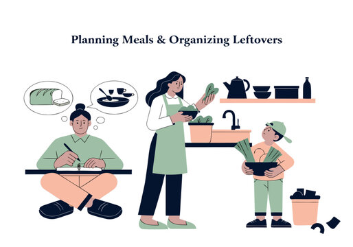 Family planning meals and organizing leftovers together in kitchen, sustainable food management illustration representing meal preparation, storage and reducing waste
