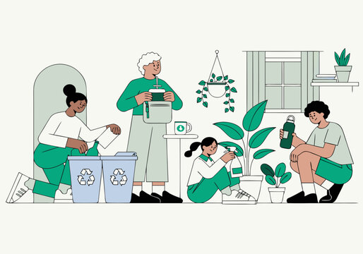 People sorting recycling, reusing containers, caring for plants and saving water at home, sustainable lifestyle illustration promoting eco friendly habits